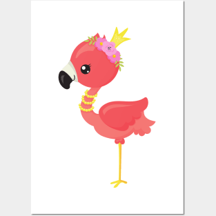 Princess Flamingo, Crown, Cute Flamingo, Flowers Posters and Art